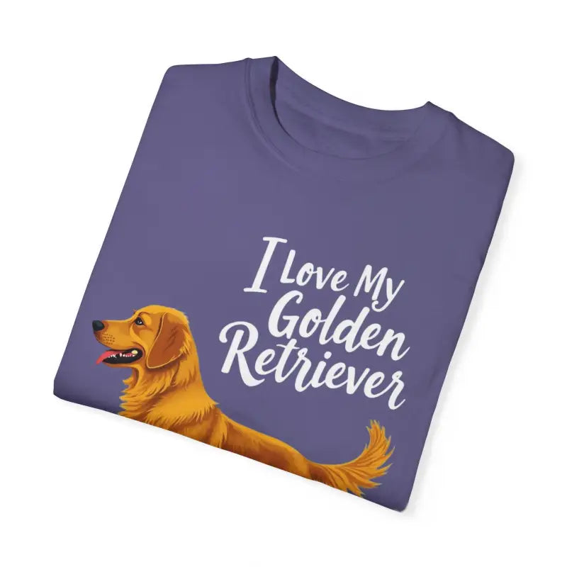 Purple t-shirt featuring a Golden Retriever graphic, ideal for dog lovers