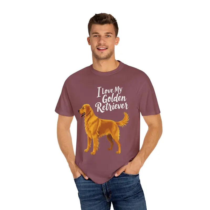 Maroon unisex t-shirt featuring a Golden Retriever graphic for dog lovers