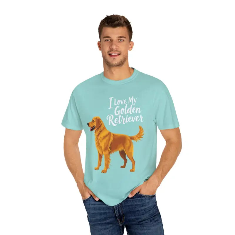Man showcasing a Golden Retriever Dog Lover Unisex T Shirt design