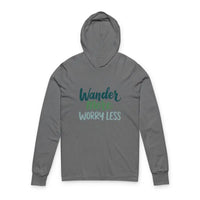 Gray hooded long-sleeve T-shirt with Wander More Worry Less print