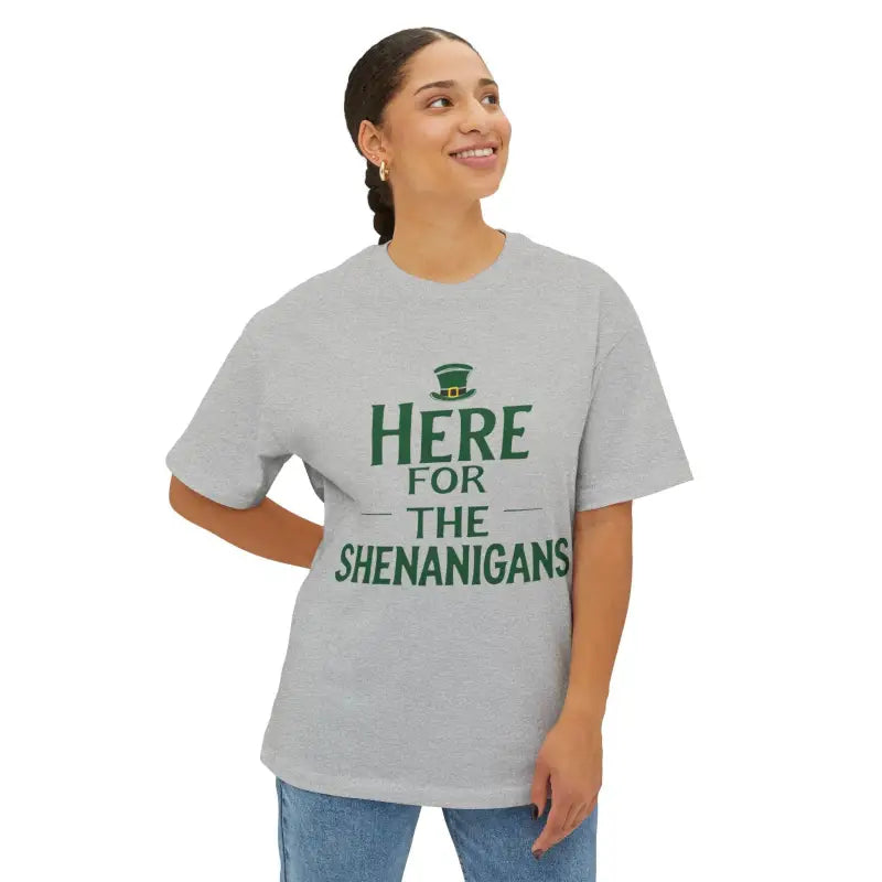 Gray St Patricks Day T Shirt Here For The Shanigahans featuring festive themed text
