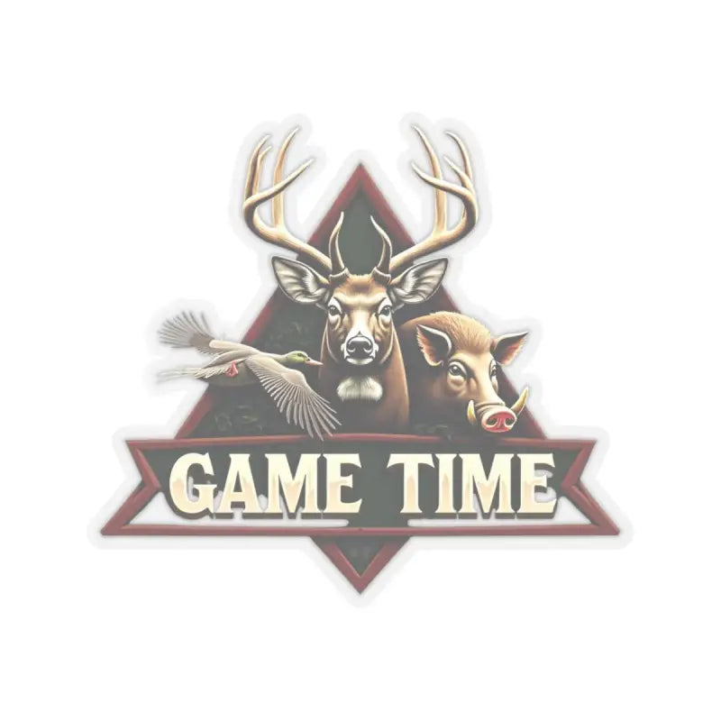 Hunting themed emblem sticker featuring deer, boar, and duck for outdoor enthusiasts