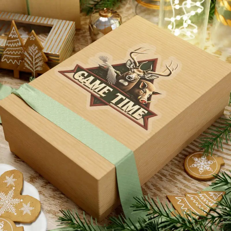 Gift box adorned with a game-themed sticker for the Hunting Emblem Sticker product