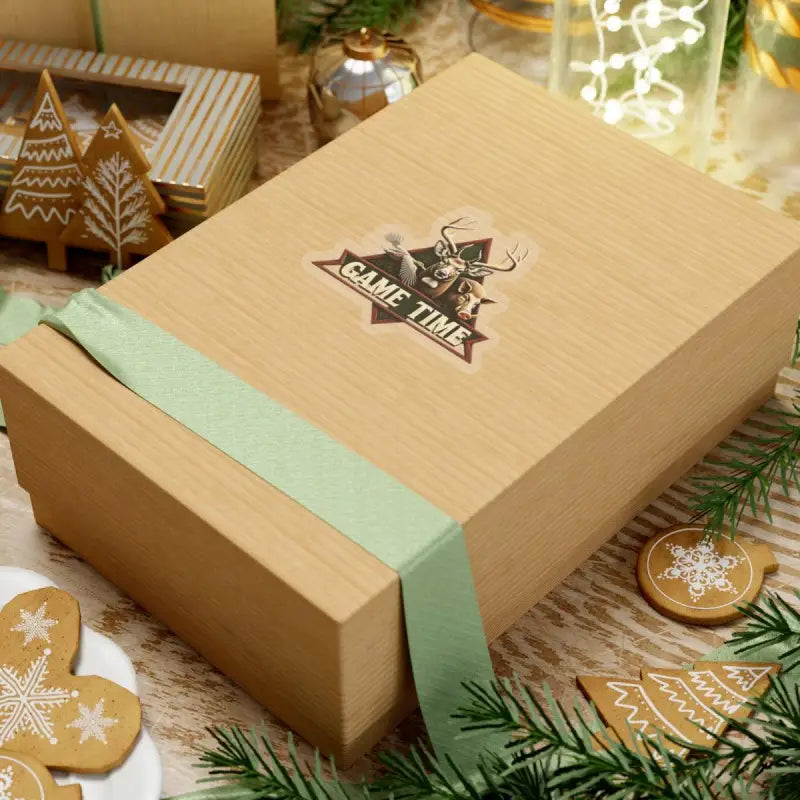 Gift box with green ribbon for Hunting Emblem Sticker featuring deer, boar, and duck