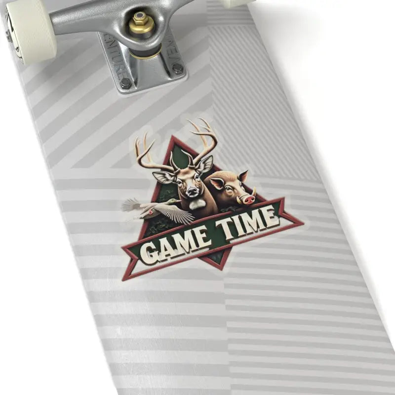 Skateboard featuring Hunting Emblem Sticker with Deer, Boar, and Duck graphic