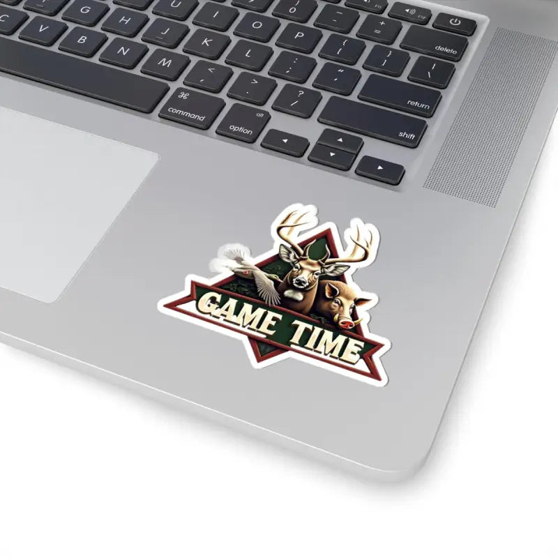 Hunting-themed laptop sticker featuring a deer, boar, and duck design