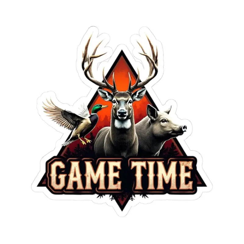 Hunting-themed kiss cut sticker featuring a deer, duck, and boar illustration