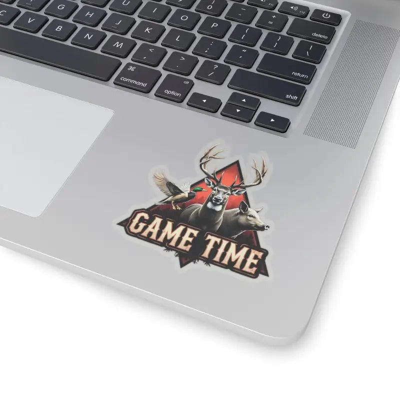 Hunting-themed laptop sticker featuring deer, duck, and boar in a kiss cut design
