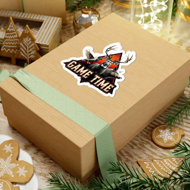 Gift box with ribbon showcasing Hunting Themed Kiss Cut Sticker featuring deer, duck, and boar