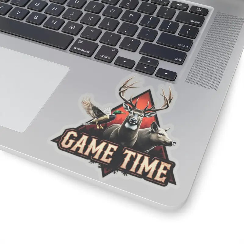 Hunting-themed laptop sticker featuring deer, duck, and boar designs