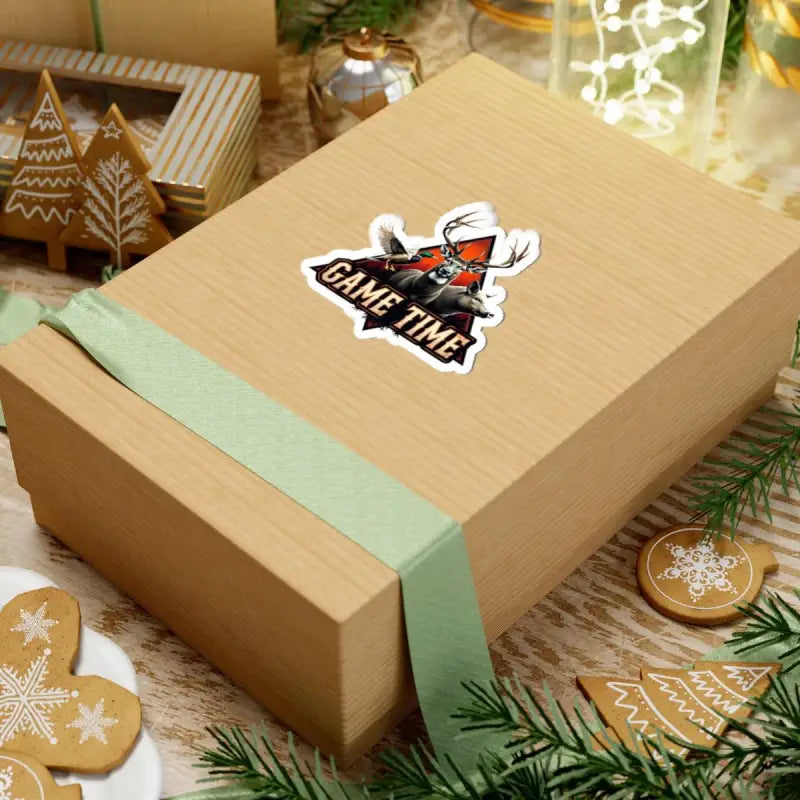 Hunting themed kiss cut sticker featuring deer, duck, and boar on a gift box