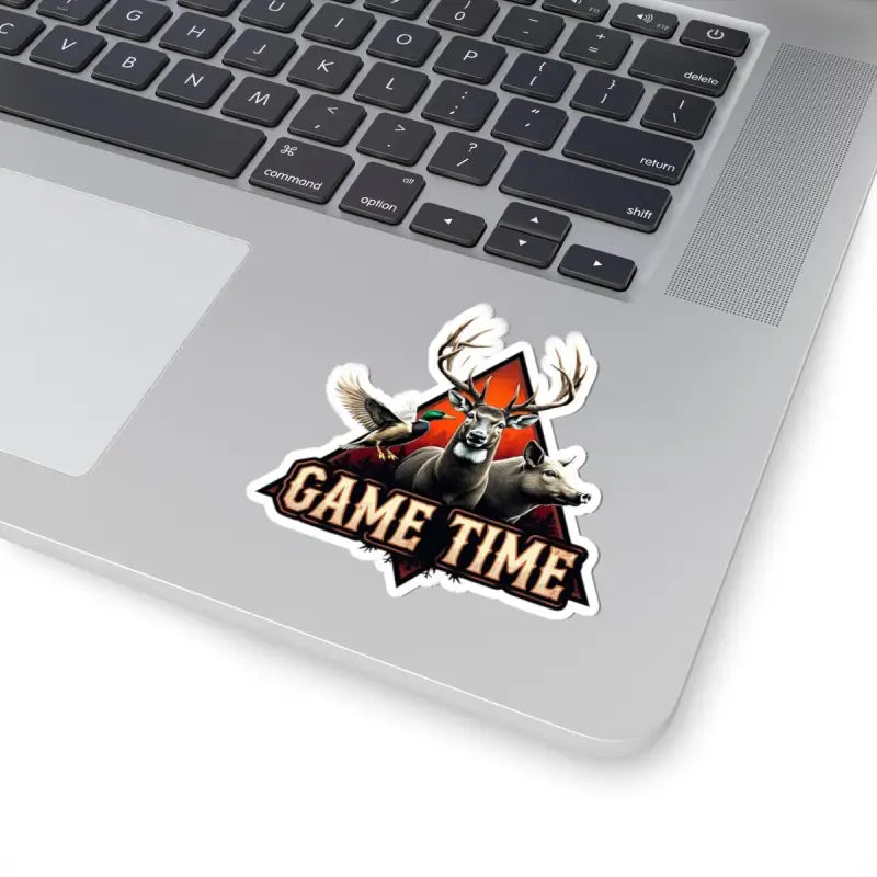 Hunting-themed sticker featuring deer, duck, and boar in a kiss cut design