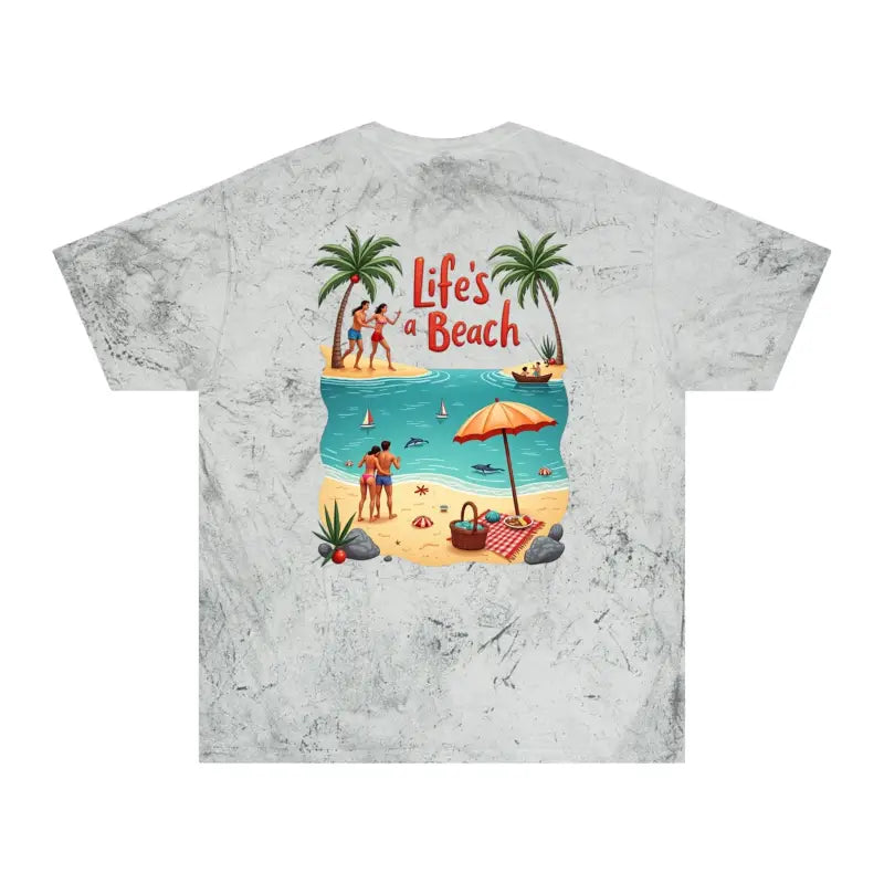 Tie-dye t-shirt featuring a vibrant beach scene design for Life’s a Beach collection