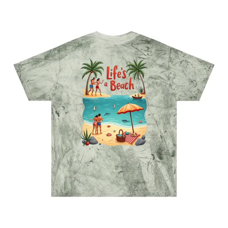 Tie-dye t-shirt featuring vibrant beach scene, Life’s a Beach Unisex Color Blasted design