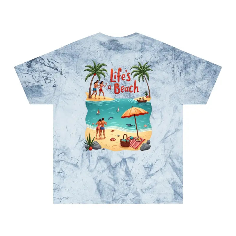 Tie-dye t-shirt featuring a vibrant beach scene, perfect for summer styles