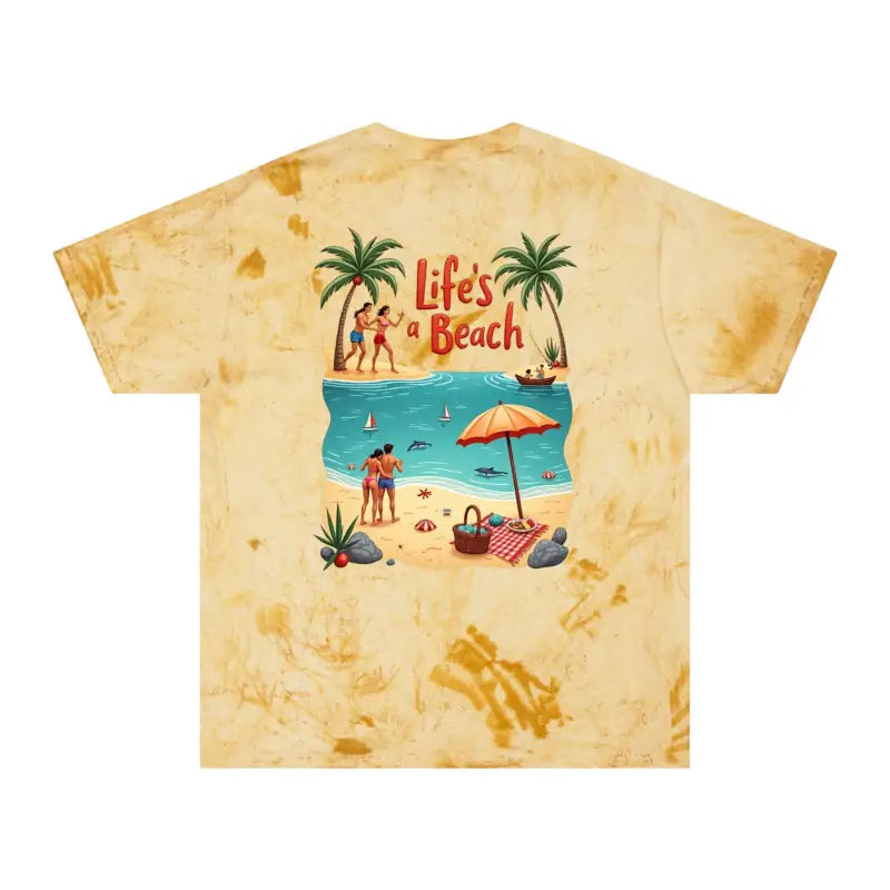 Tie-dye t-shirt featuring a vibrant beach scene for Life’s a Beach collection