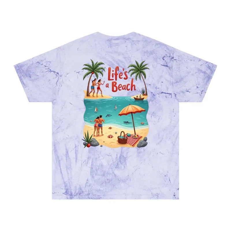 Tie-dye t-shirt featuring a vibrant beach scene for the Life’s a Beach collection