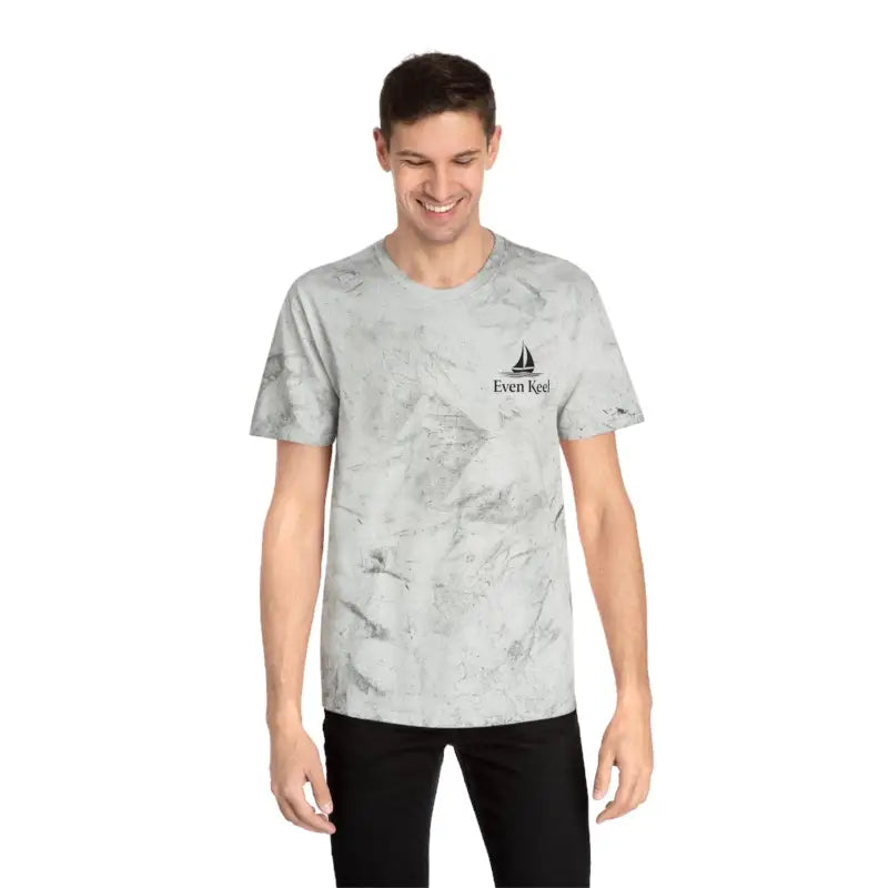 Man showcasing Life’s a Beach Unisex Color Blasted Tie Dye T Shirt in vibrant patterns