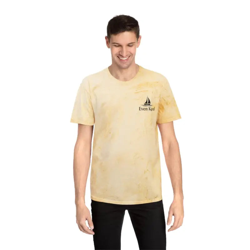 Man sporting a vibrant Life’s a Beach Unisex Color Blasted Tie Dye T Shirt