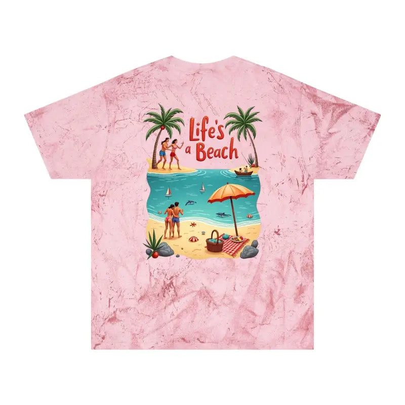 Pink tie-dye t-shirt featuring a vibrant beach scene, perfect for casual wear