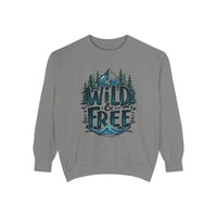 Gray crewneck sweatshirt with a nature-themed Wild and Free graphic