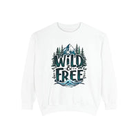 White crew neck sweatshirt with Wild and Free graphic in Light Blue Gray and White design