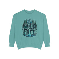 Teal crewneck sweatshirt with Wild and Free graphic in Light Blue Gray and White Crew Neck Sweatshirt