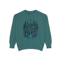 Teal long-sleeved crewneck sweatshirt with Wild & Free graphic in Light Blue Gray and White style