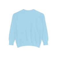 Light blue crewneck sweatshirt with lighthouse and seagulls graphic design
