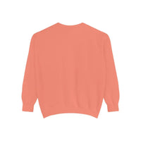 Plain coral-colored crewneck sweatshirt with lighthouse and seagulls graphic design