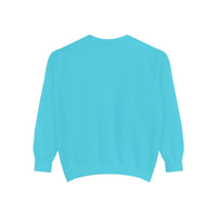 Plain light blue long-sleeved crewneck sweatshirt with lighthouse and seagulls graphic