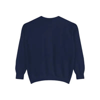 Dark blue long-sleeved crewneck sweatshirt with lighthouse and seagulls graphic design