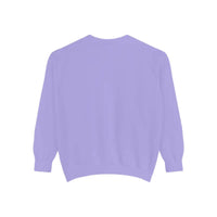 Back view of a light purple long sleeve crewneck sweatshirt with lighthouse and seagulls graphic