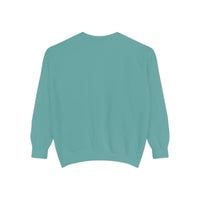 Plain teal long-sleeve crewneck sweatshirt with lighthouse and seagulls graphic design