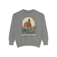 Grey long-sleeve sweatshirt with lighthouse and seagulls graphic for casual wear