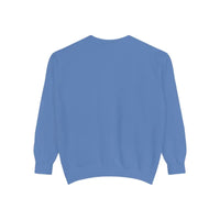 Plain blue long-sleeved crewneck sweatshirt with lighthouse and seagulls graphic design