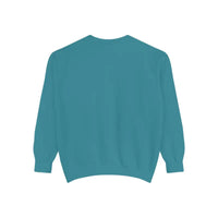 Teal long-sleeved crewneck sweatshirt with lighthouse and seagulls graphic design