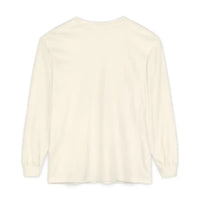 Cream long-sleeve crewneck T-shirt featuring mountain sunrise and ocean graphic design