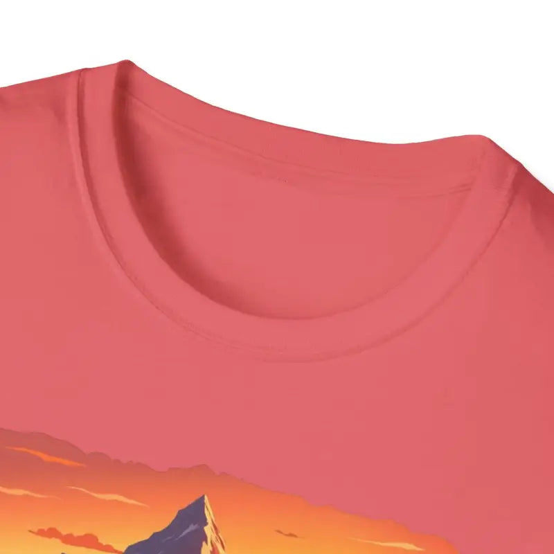 Salmon-colored Mountain Graphic Scenic Route T Shirt displayed on a neutral background
