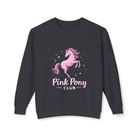 Dark grey crewneck sweatshirt featuring a pink pony and Pink Pony Club graphic