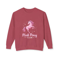 Maroon long-sleeved crewneck sweatshirt with pink rearing horse graphic and Pink Pony Club text