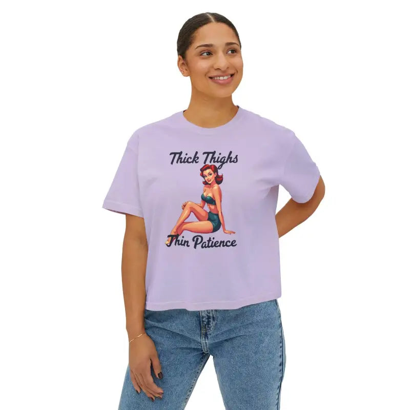 Lavender t-shirt featuring pin-up girl graphic from the Pinup Girl Collection