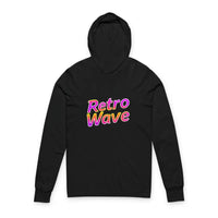 Black long-sleeved hooded T-shirt with Retro Wave text from Retro Wave Long Sleeve Hooded Apparel