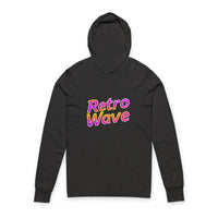 Black long-sleeved hooded sweatshirt with Retro Wave text for Retro Wave Long Sleeve Hooded Apparel