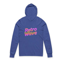 Navy blue hooded long-sleeve T-shirt with Retro Wave text displayed in Retro Wave Long Sleeve Hooded Apparel