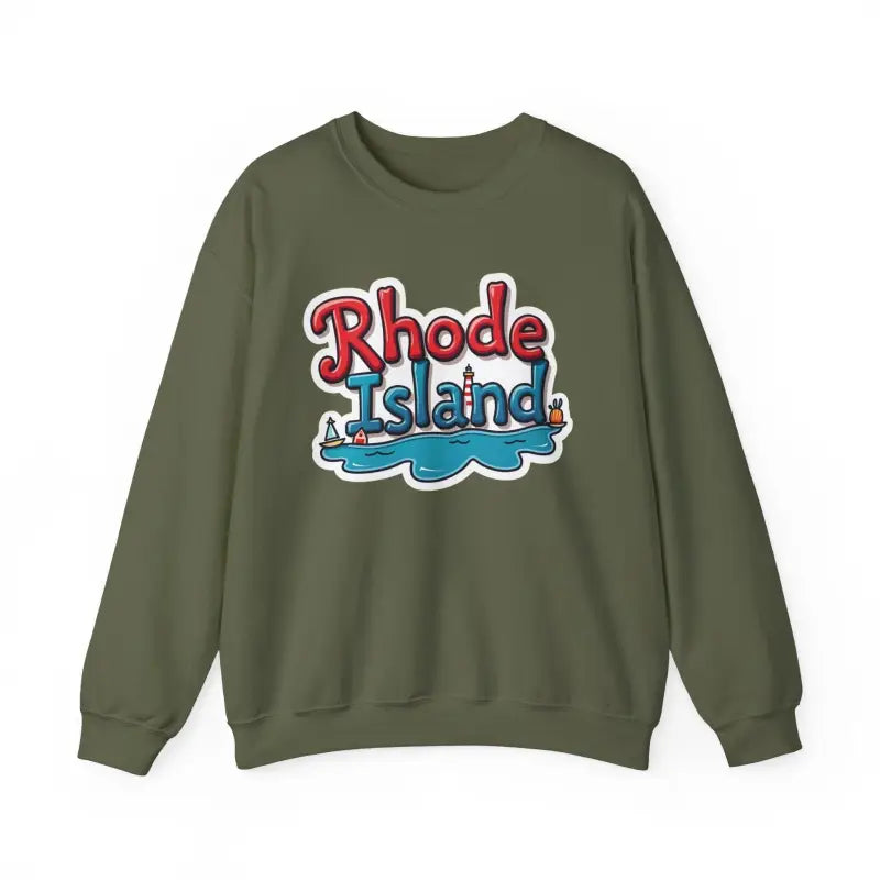 Olive green Rhode Island graphic crewneck sweatshirt for casual wear