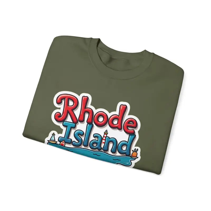 Folded olive green t-shirt showcased with Rhode Island Graphic Crewneck Sweatshirt