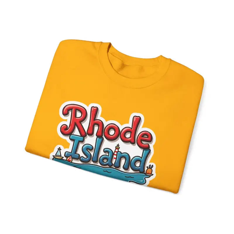 Folded yellow t-shirt featuring Rhode Island graphic in a crewneck sweatshirt design