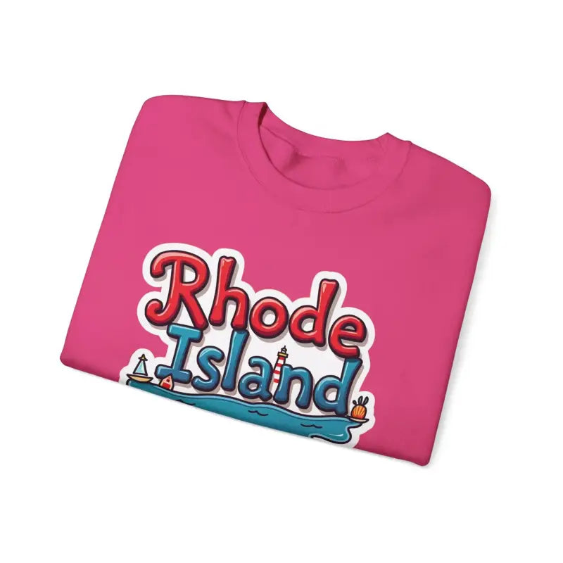 Folded pink t-shirt featured with Rhode Island Graphic Crewneck Sweatshirt design