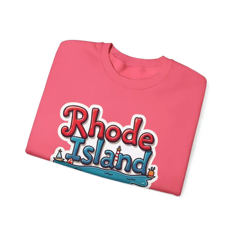 Folded pink t-shirt featured alongside Rhode Island Graphic Crewneck Sweatshirt